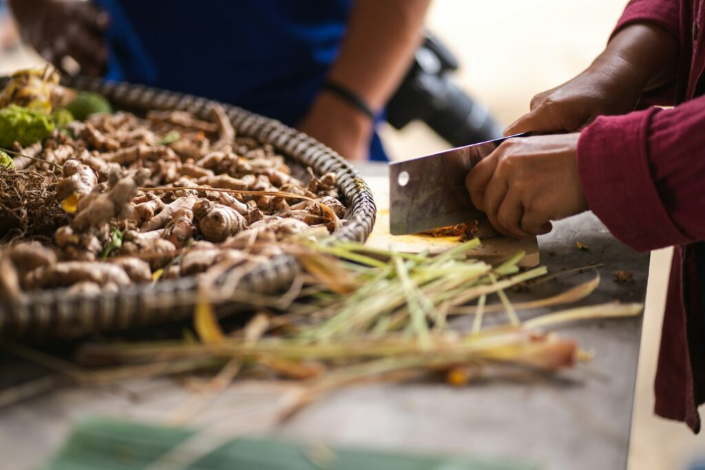 Close up of fresh ginger, turmeric or galangal in a basket, hand cutting herb, concept of herbal