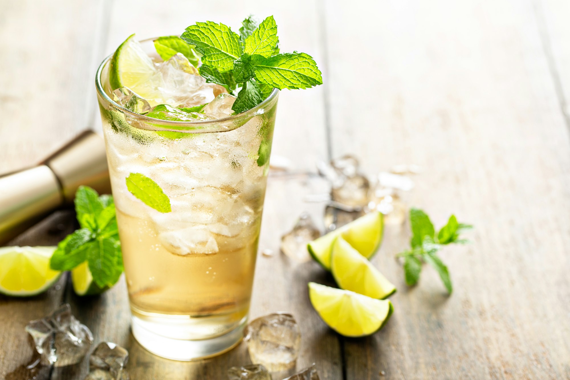 Refreshing summer cocktail with ginger beer and lime