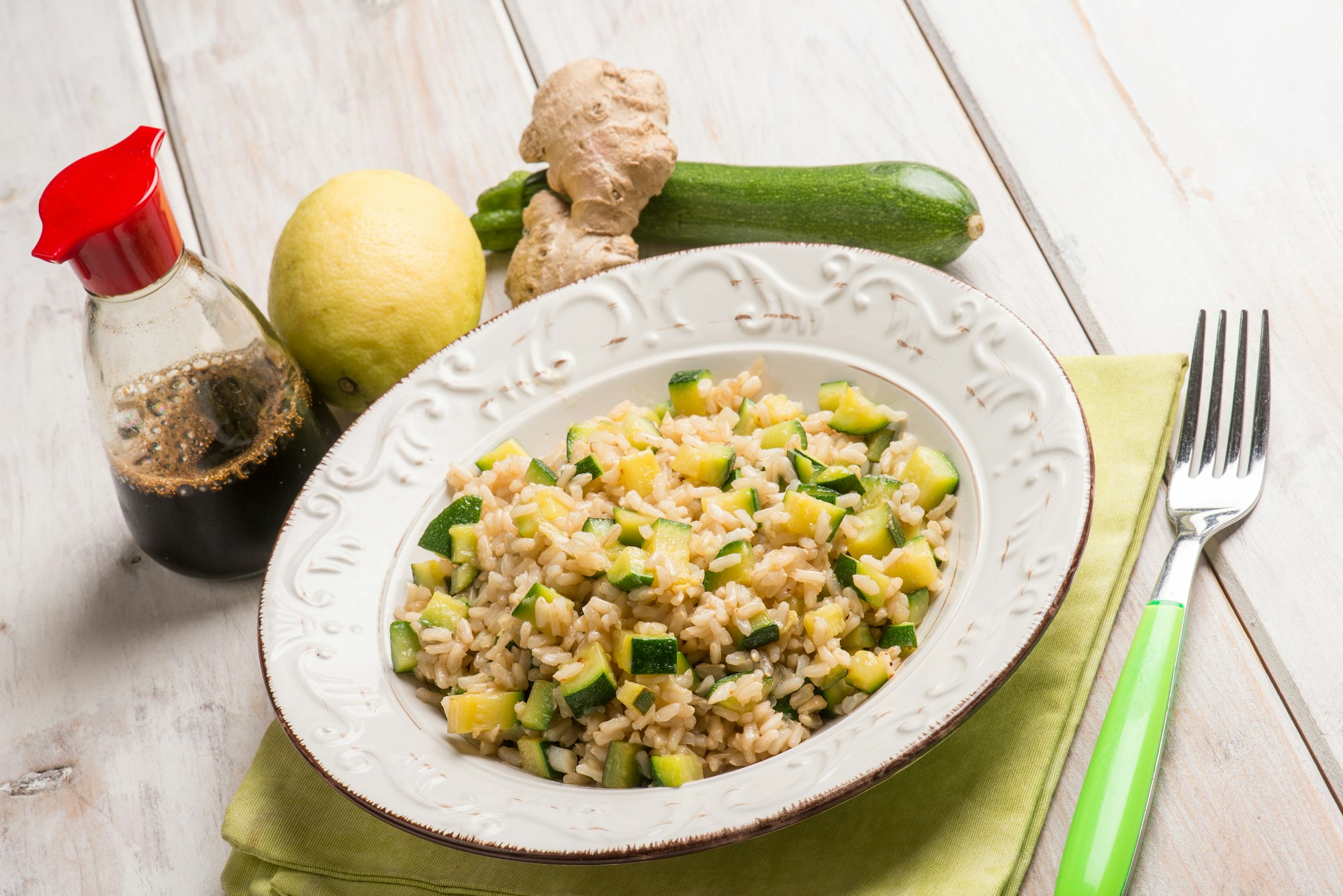 risotto with soy sauce zucchinis and ginger